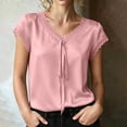 thumbnail image 3 of TGSLY Lace Trim Satin Tops for Women Smooth Soft V Neck Bow Tie Front Shirts Loose Dressy Casual Solid Color Cap Sleeve Blouses XXL, 3 of 7