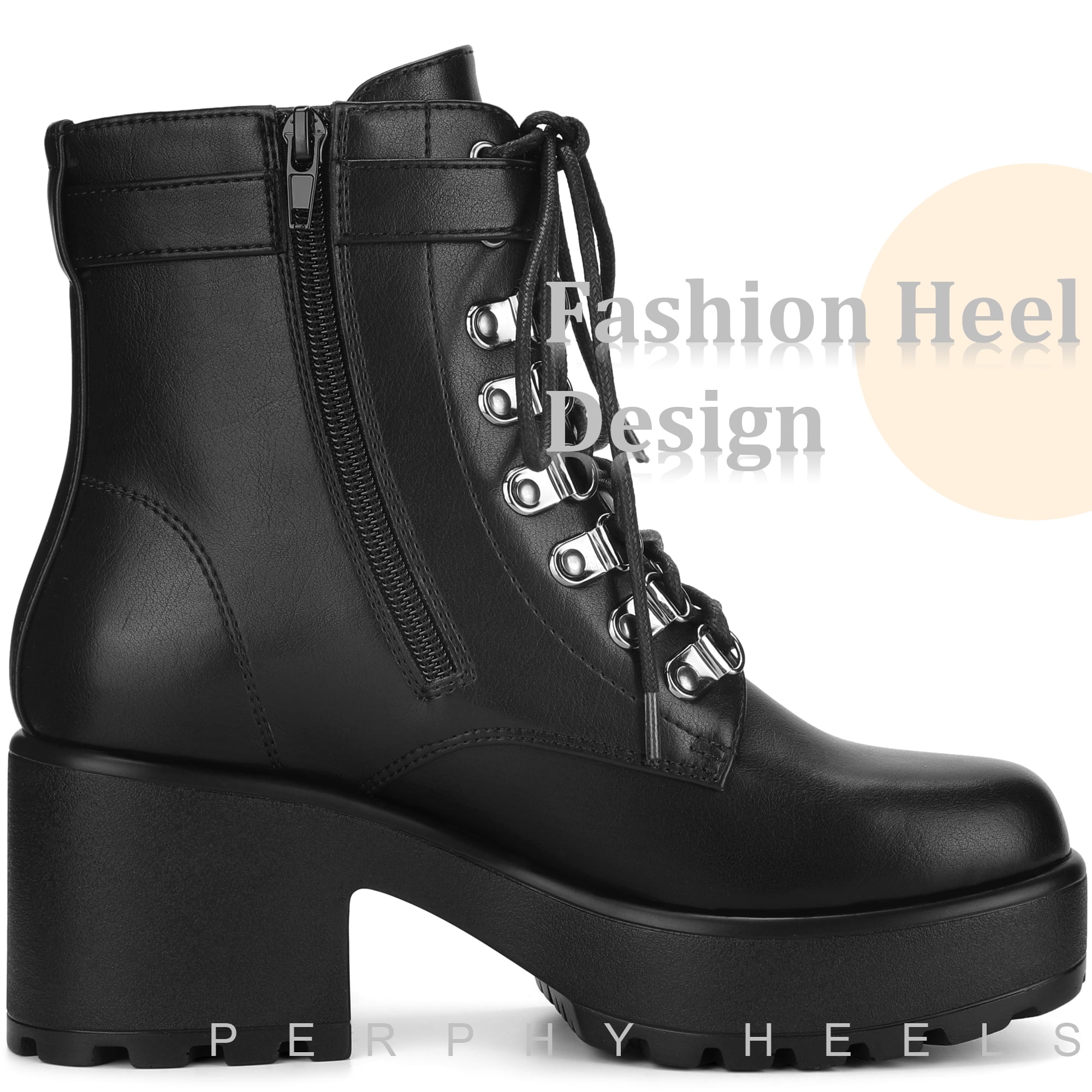 DARING DIVA Stylish Round Toe Platform Chunky Heels Combat Boots Black 9