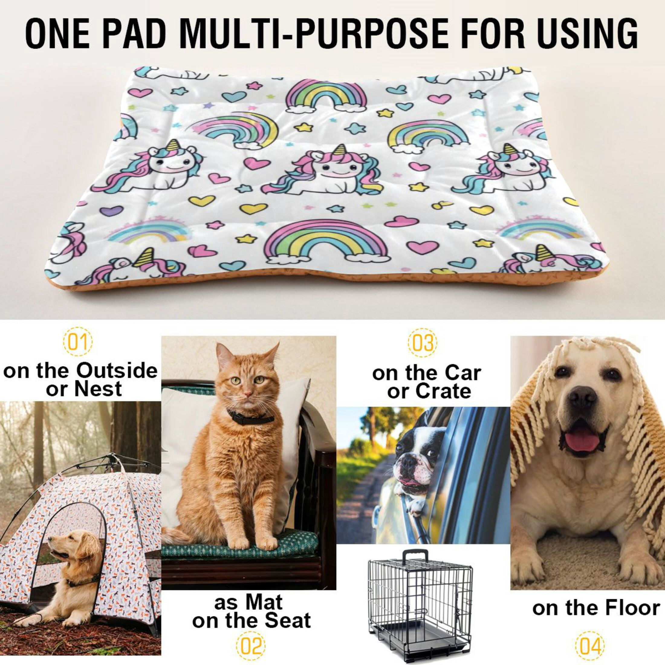 Qxltty Pattern with Cute Unicorns and Rainbows Ped Pad Wear-resistant and Hard to Bite Through Sleeping Pad for Small Medium Large Dogs Winter Pet Bed 36×24in