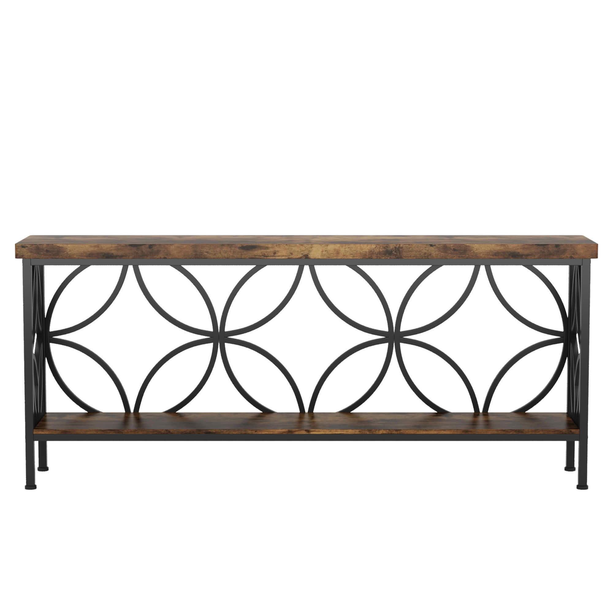 MAYEERTY 70.9" 2-Tier Industrial Console Table, Rustic Wood Top Black Metal Frame Sofa Table with Adjustable Floor Pads