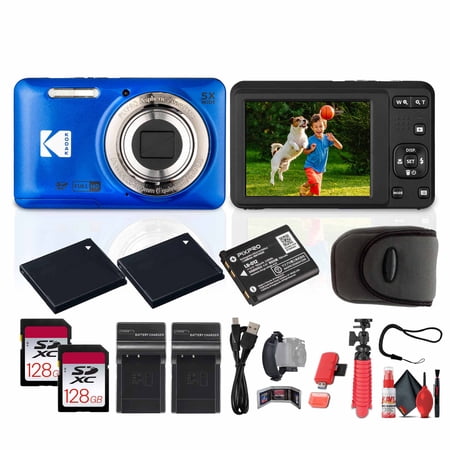 Kodak Pixpro FZ55 Digital Camera (Blue) Bundle Including: 2x 128 GB Memory Card 2x Rechargeable Battery Battery Charger Camera Case Flexible Tripod Card Reader Card Wallet Hand Strap More