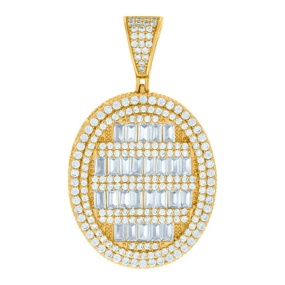 925 Sterling Silver Yellow-tone Mens Baguette Round Cubic Zirconia Oval Medallion Fashion Pendant Necklace for Men