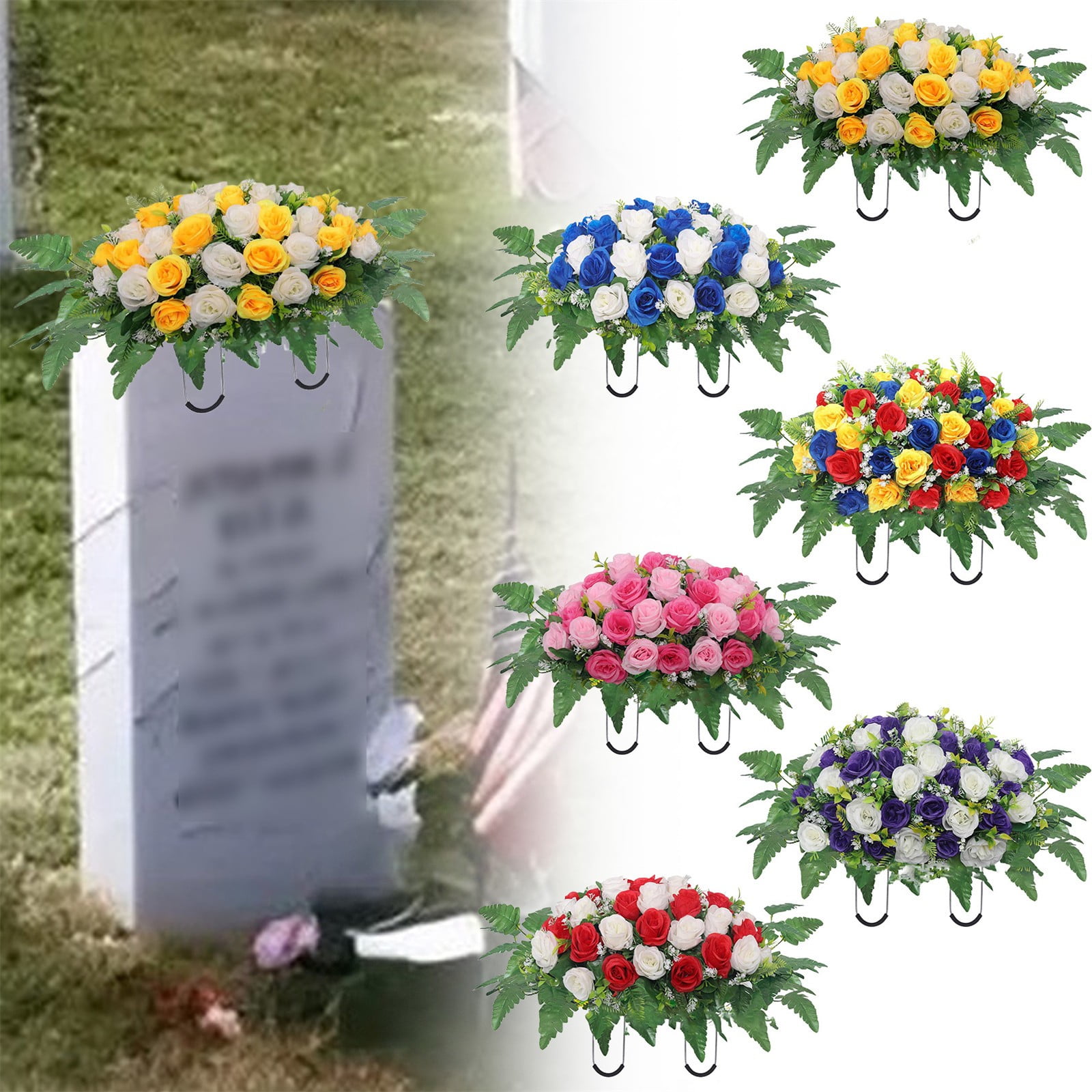 XJGHHSY 1 Pcs Artificial Cemetery Flower Saddles, Rose Headstone Flower Saddle,Cemetery Memorial Flowers for Outdoor Grave tombstone Decorations,Blue