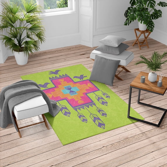 Tribal Turkish Area Rug, Hand Drawn Dreamcathcher Folkloric Birds Image Ethnic Ikat Design, Soft Carpet for Living Room Decor, 5.2' X 7.6', Lime Green Multicolor, by Ambesonne