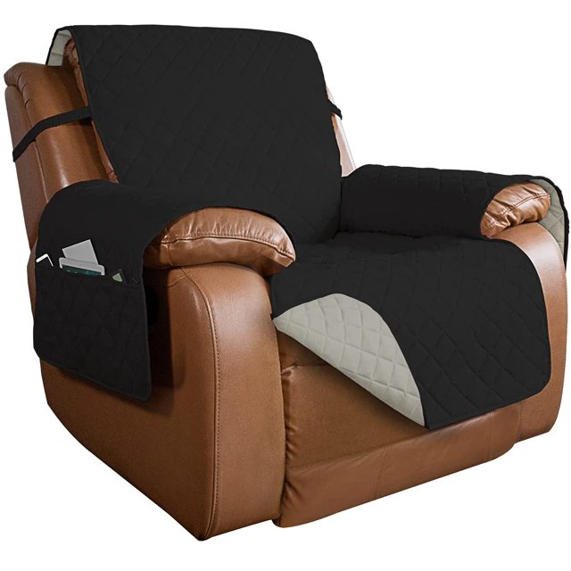 Housse de Sofa Inclinable Surdimensionnée Matelassée Réversible, Protecteur de Meuble Résistant à l'Eau, Housse de Canapé Lavable avec Sangles Élastiques pour Enfants, Chiens, Animaux (Fauteuil Inclinable Surdimensionné, Noir/beige)