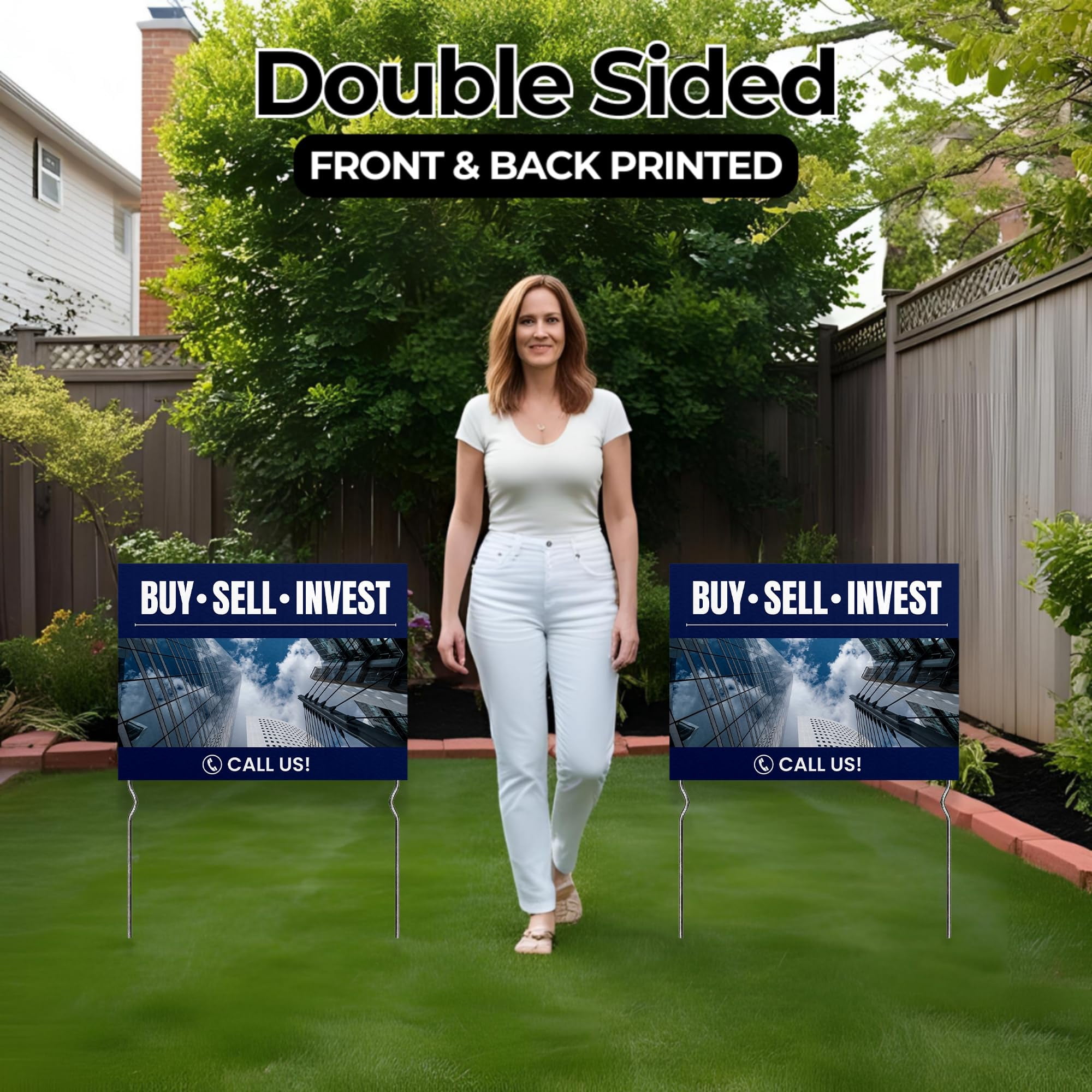 Buy • Sell • Invest - Call Us! Yard Sign by DC | 24"x18" Double Sided Real Estate Garden Sign with 13” Metal Stakes | Outdoor Signs Waterproof for Lawn, Patio, Sidewalk & House | Set of 4