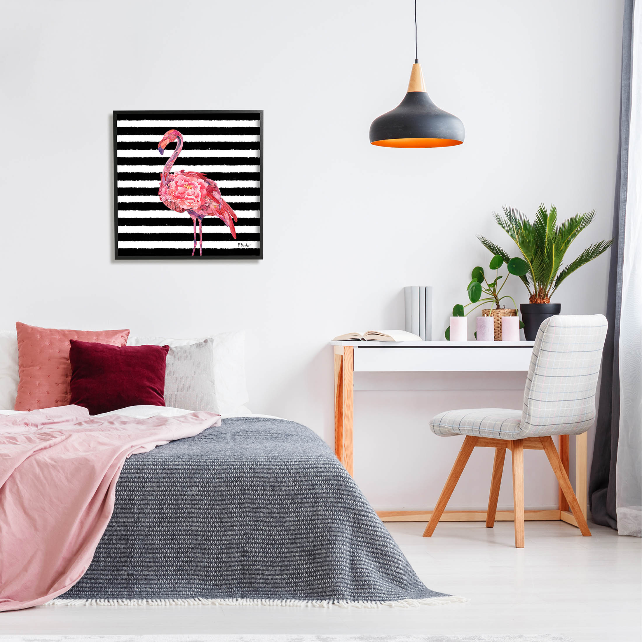Blossoming Pink Flamingo Stripes Animals & Insects Graphic Art Black Framed Art Print Wall Art