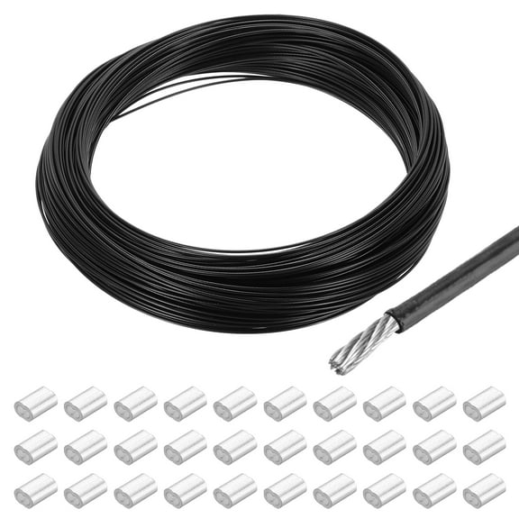164Ft Wire Rope 304 Stainless Steel Cable 1/24" Vinyl Coated with 30pcs Aluminum Sleeves Black