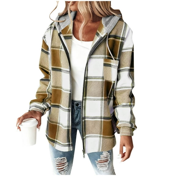 Women’s Lightweight Casual Flannel Jacket with Hood Plaid Fleece Lined Shacket Button Down Long Sleeve Fall Winter Jacket Warm Coat 2025 Trendy Outerwear for Everyday Wear
