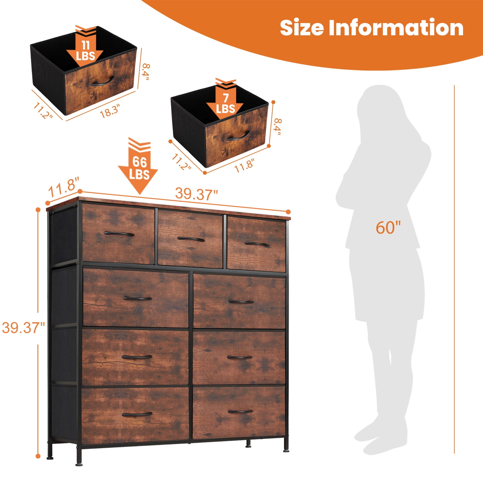 Gianna 9 Drawers Dresser, Large Capacity Organizer, Suit for Bedroom, Hallway, Rustic Brown
