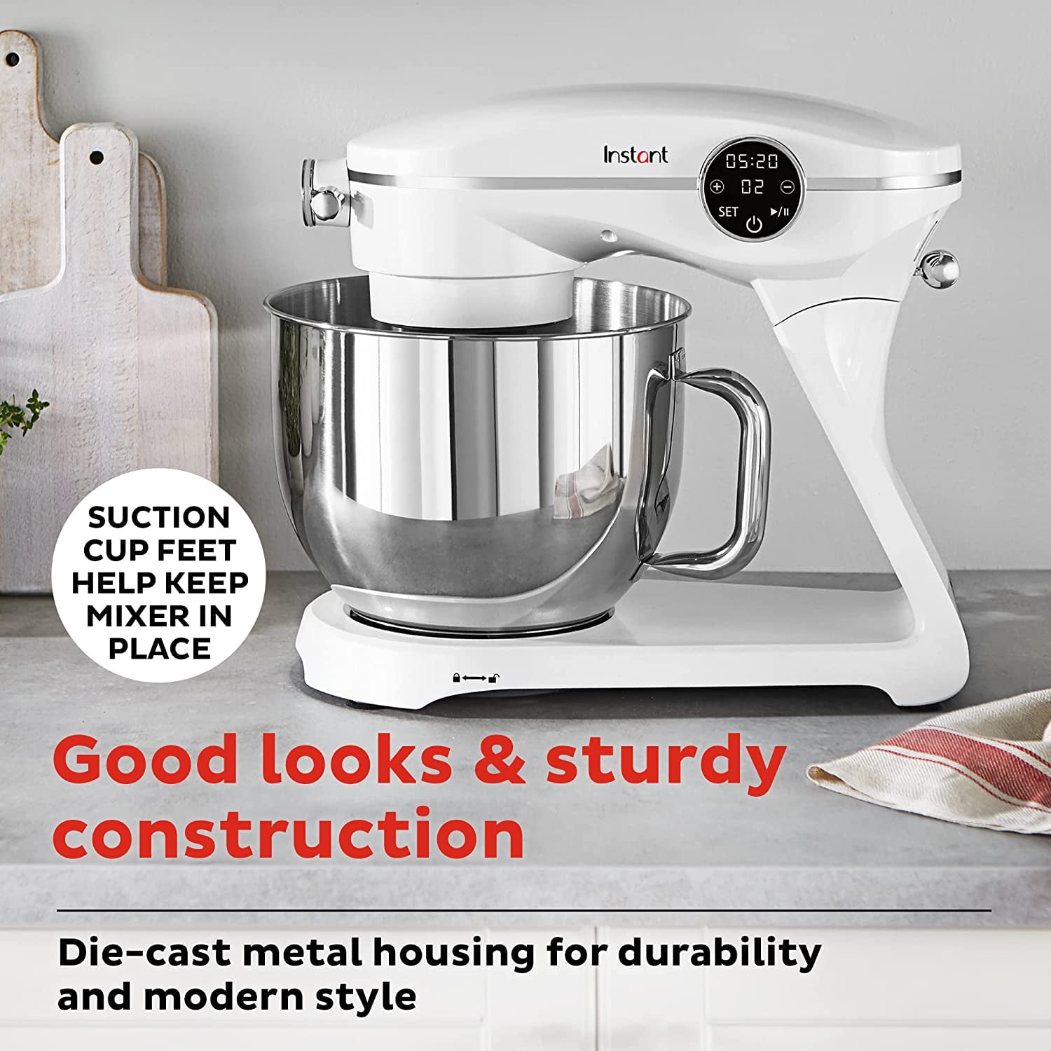 Instant 7.4 qt Stand Mixer Pro, 600W 10-Speed with Digital Interface and  Dishwasher Safe Accessories, Pearl White 