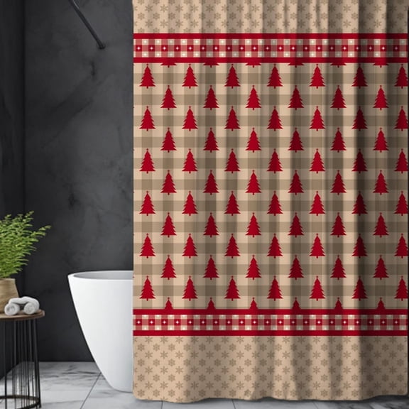 Country Christmas Shower Curtain, Beige Plaid with Red Christmas Trees and Snowflakes, Christmas Bath Decor, Autumn Home Decor