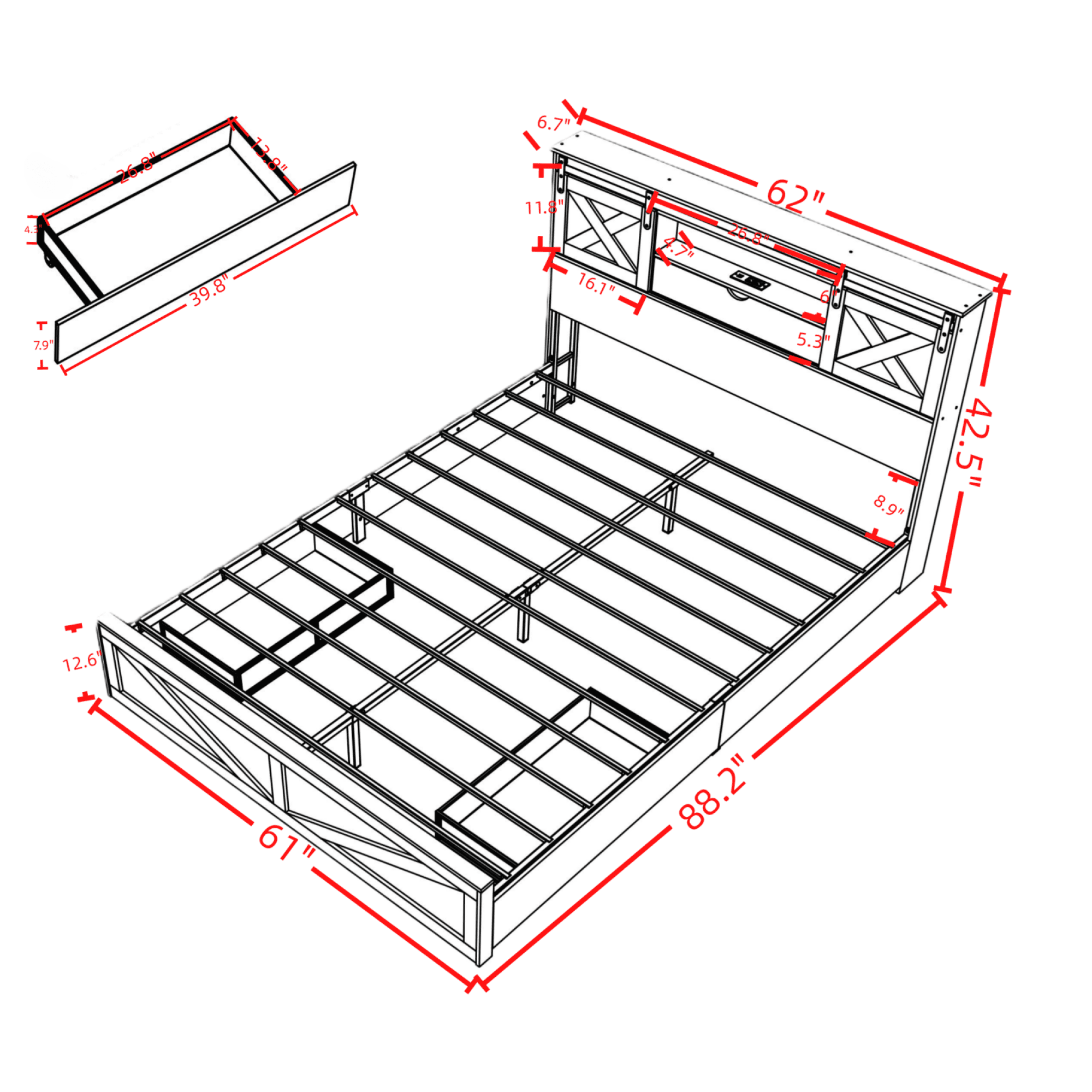 Jopath Queen Size Farmhouse Bed Frame with LED Lights and Charging Station, Wooden Queen Bed with 2 Storage Drawers, Rustic Headboard with Sliding Barn Door Storage Cabinets for Teens Adult