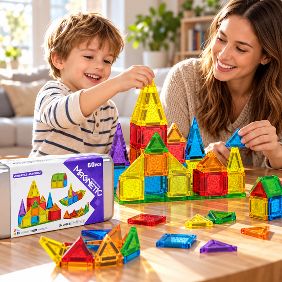 Curear Magnetic Tiles Educational Montessori Travel Set Portable 60 Pcs
