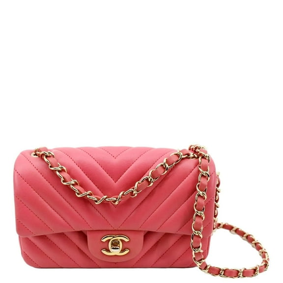 Pre-Owned CHANEL Timeless Classic Square Flap Chevron Calfskin Leather Crossbody Bag Pink