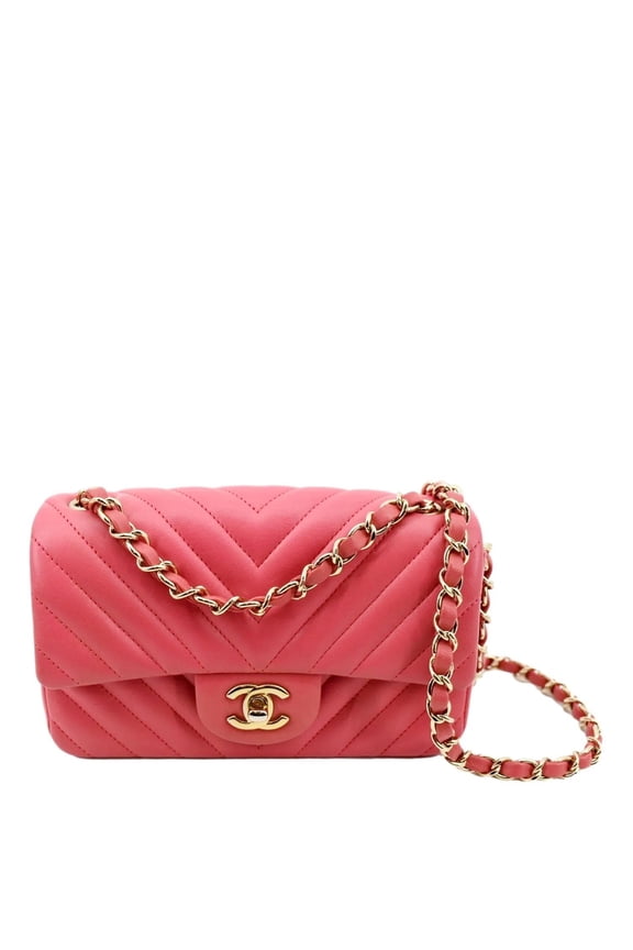 Pre-Owned CHANEL Timeless Classic Square Flap Chevron Calfskin Leather Crossbody Bag Pink