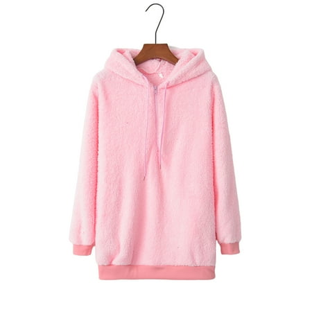 

Woman s Fleece Hooded Sweatshirt Long Sleeve Drawstring Hoodie Front Zipper with Pocket for Teens Adults Warm Coat Girls Costume Loose Baggy L Pink