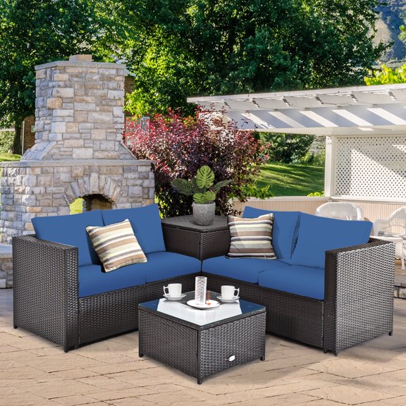 Gymax 4PCS Cushioned Rattan Patio Conversation Set w/ Side Table Navy Cushion
