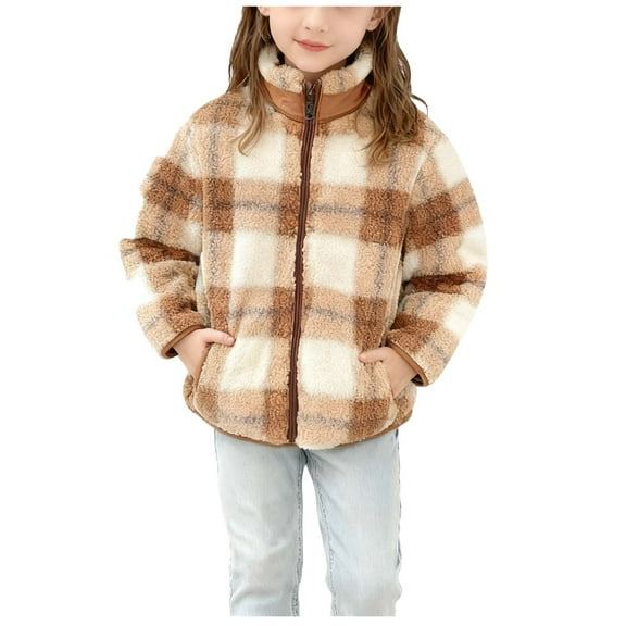 Cethrio Girls Fleece Jackets Size 7-8 T, Stand-up Collar Warm Plaid Zip up Winter Outerwear with Hood Beige