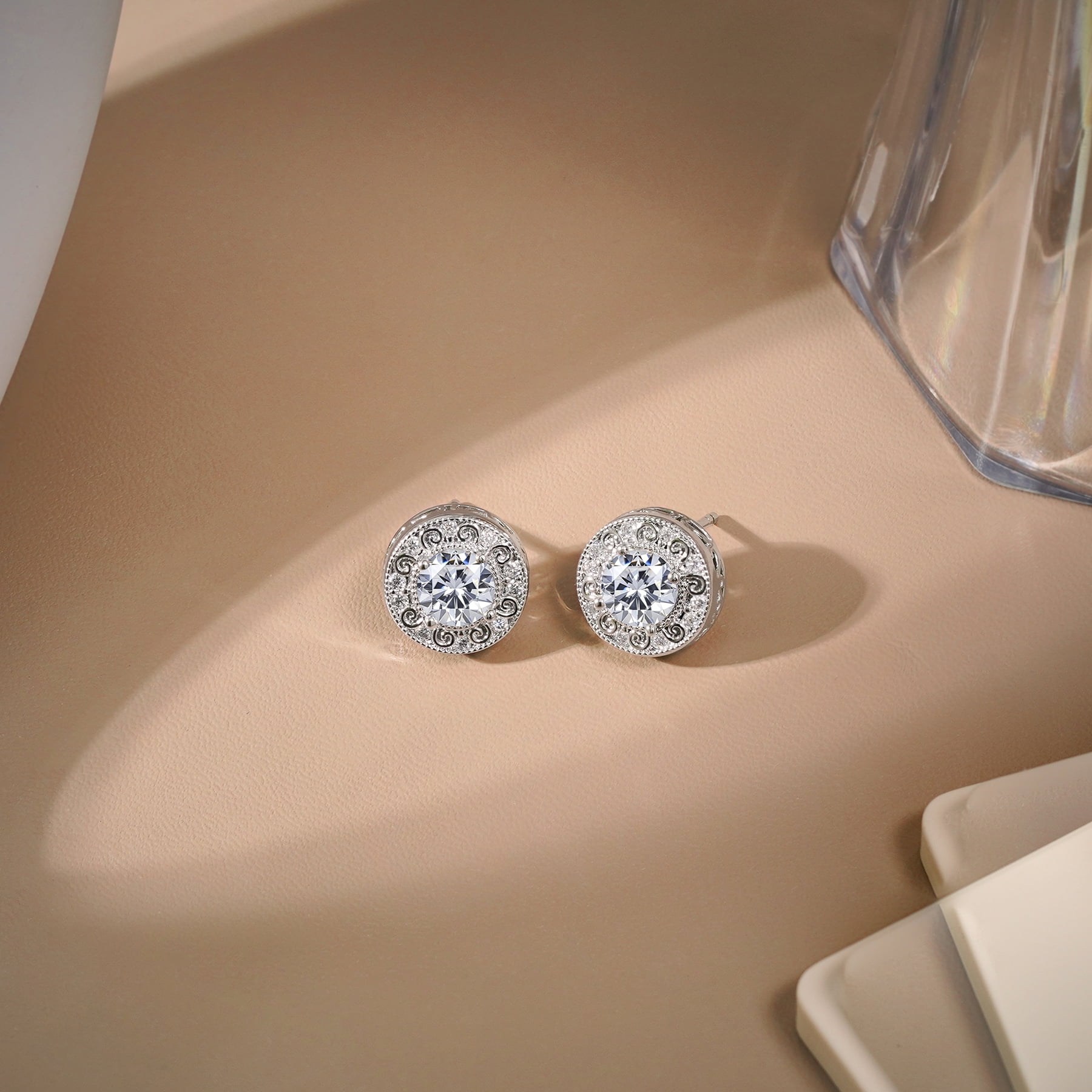 JeenMata 2 Carat Moissanite Vintage Round Cut Stud Earring - in 18K White Gold Plating for Women Earrings