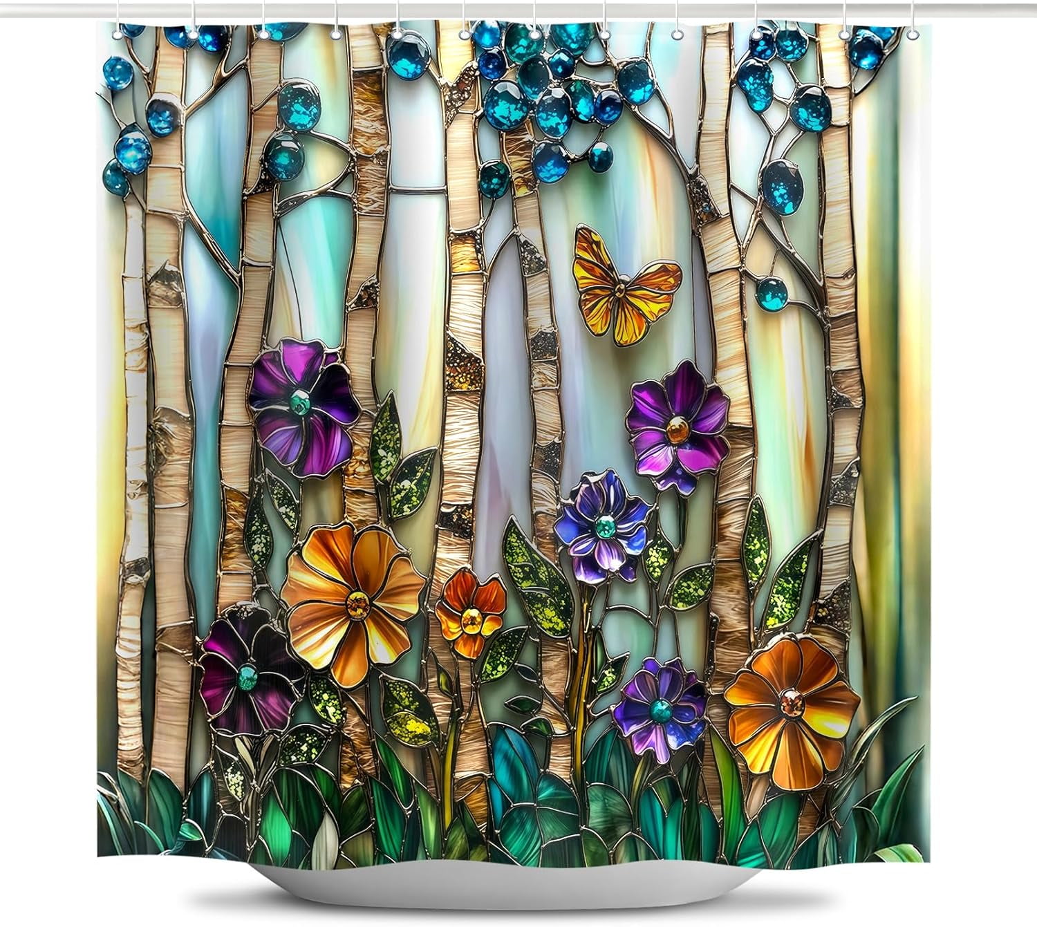 Stained Glass Birch Trees Shower Curtains Purple Floral Green Blue Diamond Barn Door Decor Waterproof Bathroom Curtains Set with Hooks-72"W x 72"L (Pack of 1)