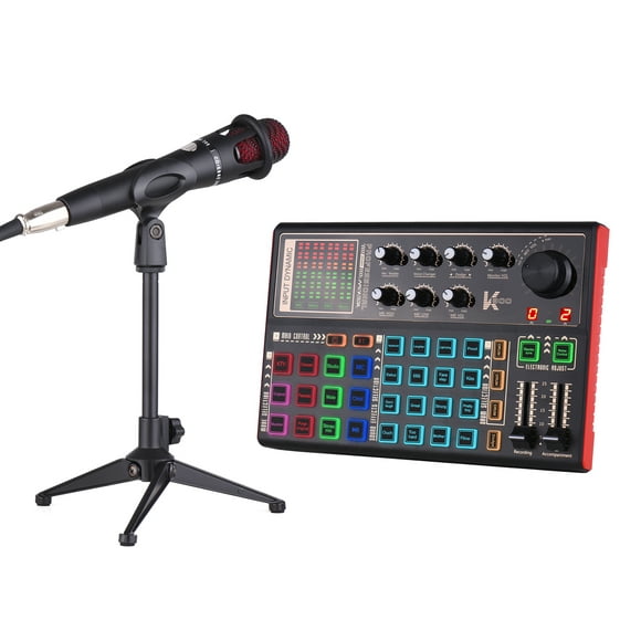 Dodocool SK300 Live Sound Card External Voice Changer Audio Mixer Kit Built-in Rechargeable Battery Multiple Sound Effects with Microphone Mic Stand Earphone for Live Streaming Music Recording Smartp