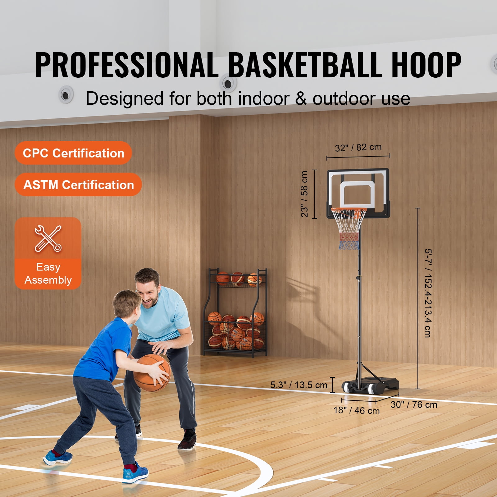 KFFKFF 32 Inch Basketball Hoop 5-7 Feet Adjustable Height Premium PC Backboard Portable Basketball Hoop Goal System with Wheels for Teenagers Indoor Outdoor Basketball Game