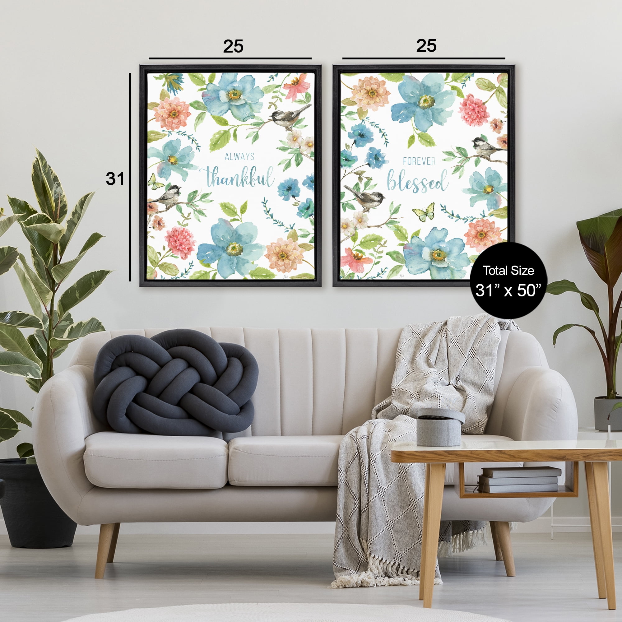 Stupell Industries Pink & Blue Gratitude Blooms 2 Piece Black Framed Floater Canvas Set, design by Nan