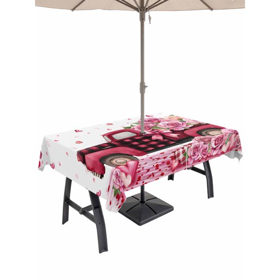 Outdoor Tablecloth with Umbrella Hole and Zipper, Valentine's Day Rectangle Table Cloth 54x80 Inch Waterproof Tablecloth, Pink Love Roses Truck Romantic White Picnic Table Cover for Patio Camping