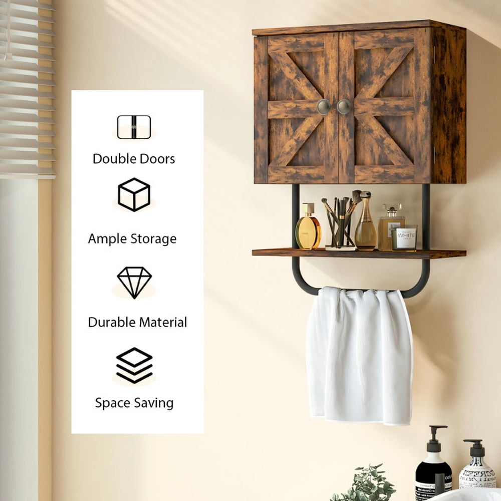Finihen Bathroom Wall Cabinet, Wall Mounted Bathroom Cabinet, Medicine Cabinet, 2-Door Bathroom Wall-Mounted Medicine Cabinet with Open Shelf and Towel Rack, for Bathroom, Rustic Brown Finihen Bathroom Wall Cabinet, Wall Mounted Bathroom Cabinet, Medicine Cabinet, 2-Door Bathroom Wall-Mounted Medicine Cabinet with Open Shelf and Towel Rack, for Bathroom, Rustic Brown