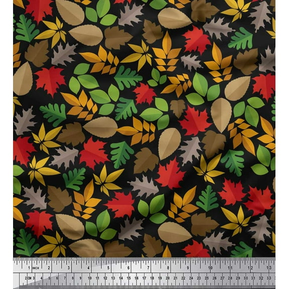 Soimoi Black polyester Crepe Fabric Colorful Leaves Clip Art Decor Fabric Printed Yard 42 Inch Wide