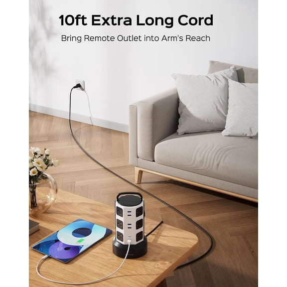 【10ft】 Power Strip Tower  Surge Protector Electric Charging Station with 13A 12 Outlets 6 USB Ports Heavy Duty Extension Cord for Home Office Computer Nightstand Laptop Phone White Black