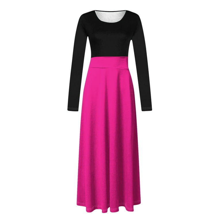 sports dinner dresses Mrat Semi Formal Dresses for Women Women's Maxi Dress Solid Long Sleeve Round-Neck Pullover Patchwork Dress Sports Dress Hot Pink-A XL