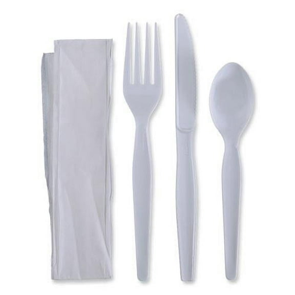 Boardwalk Four-Piece Cutlery Kit, Fork/Knife/Napkin/Teaspoon, Heavyweight, White, 250/CT
