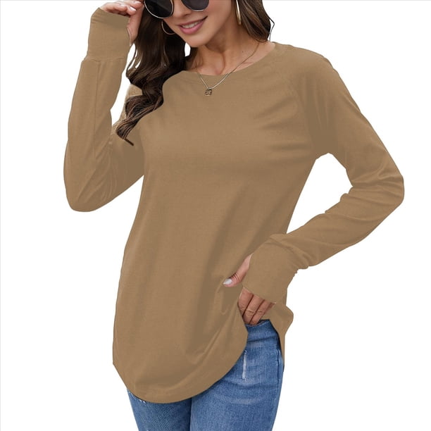 Blusas de Otoño de Moda para Mujer, Camisas de Larga Extragrandes con Agujeros para los Pulgares, Ropa Informal de Cuello Redondo, Corte Holgado, Ropa de Moda. Camello M