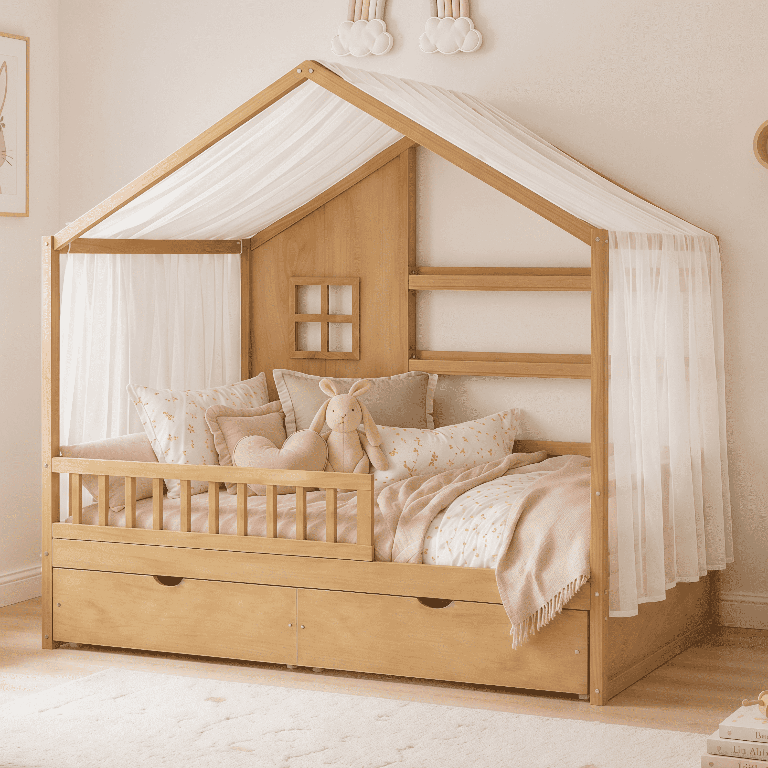 Euroco Wood Full Size House Bed with Roof and Curtains, Montessori Floor Bed with Drawers and Safety Guardrails,No Box Spring Needed, Natural