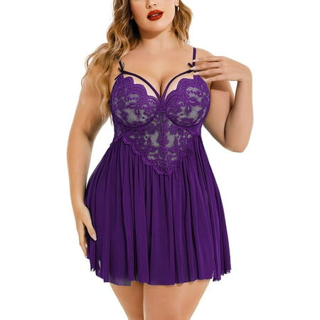 

Avidlove Plus Size Lingerie Lace Babydoll Womens Strap Chemise Nightgown V Neck Nighty Mesh Sleepwear Side Slit Nightdress（Purple，L)