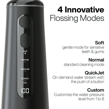 AquaSonic - Elite - Portable Cordless Water Flosser - 4 Modes, 8 Pressure Settings, 4 Tips, 300ml Tank, Rechargable, Travel Bag - black