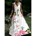 thumbnail image 5 of V-Neck Floral Print Maxi Dress In Style: Pink Roses And Green Leaves On White Background, Casual Elegant Long Dress, 5 of 5