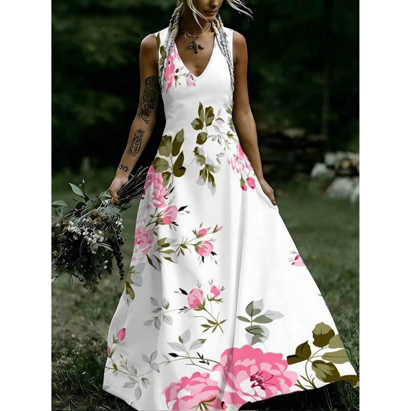 V-Neck Floral Print Maxi Dress In Style: Pink Roses And Green Leaves On White Background, Casual Elegant Long Dress