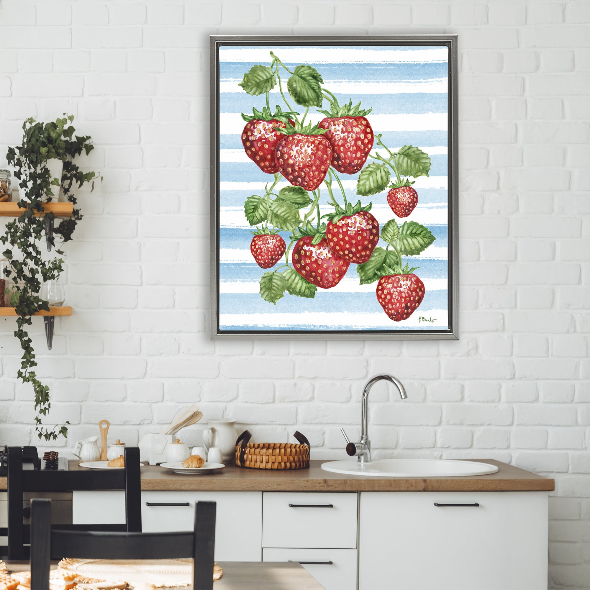 Stupell Industries Juicy Strawberry Vine Gray Framed Floater Canvas Wall Art, design by Paul Brent