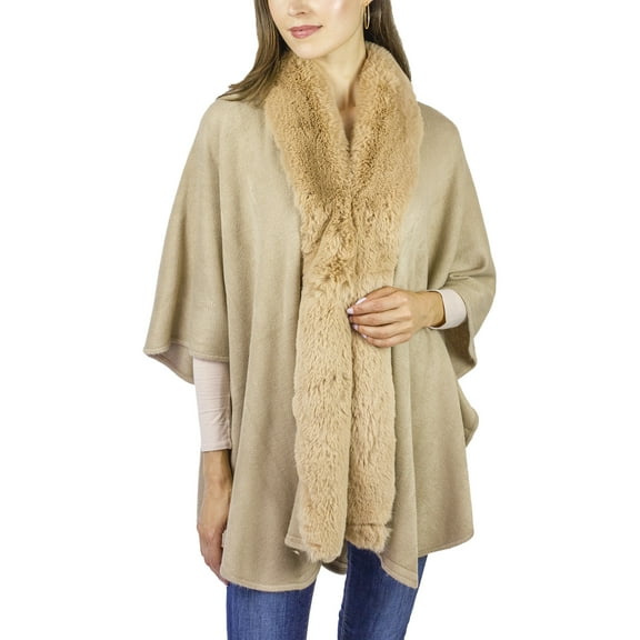 ADRIENNE VITTADINI WOMEN'S SOLID KNIT KIMONO WITH PLUSH FAUX MINK FUR TRIM BORDER