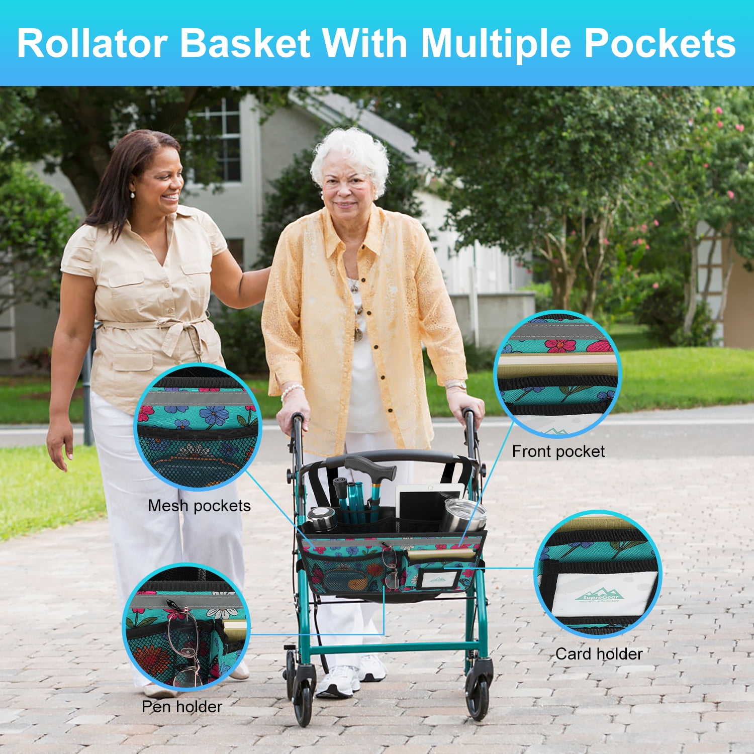 SupreGear Foldable Waterproof Walker Bag with Cup Holder, Cyan Butterfly Rollator Storage Pouch