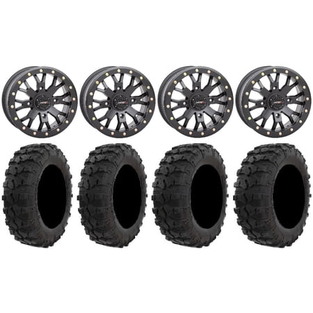 System 3 SB-4 Black (4+3) 14 Wheels 26 Dual Threat Tires Kawasaki Mule Pro FXT