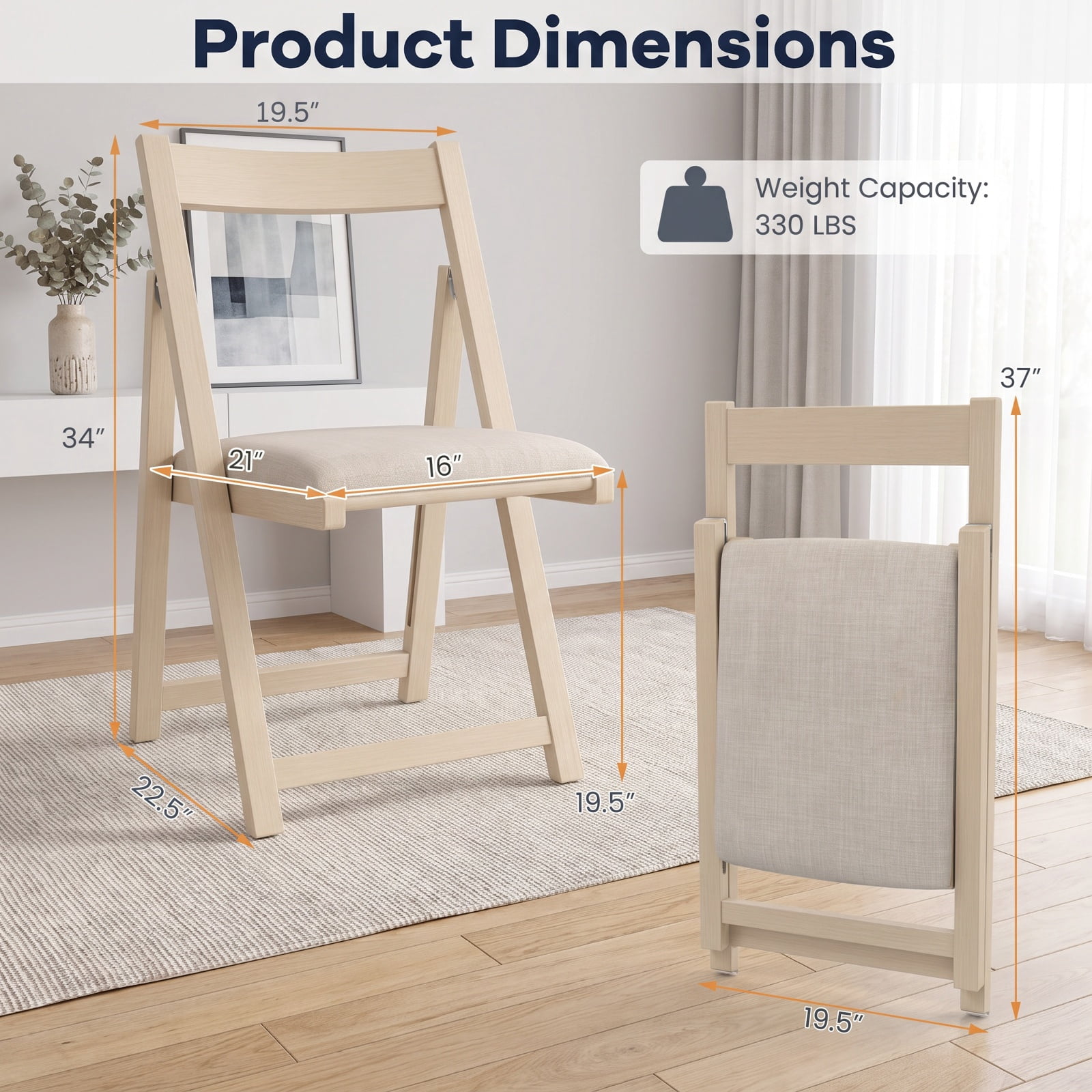 Furnibear Folding Upholstered Dining Chair Set of 4 with Curved Backrest for Kitchen Dining Room Living Room Home, Beige