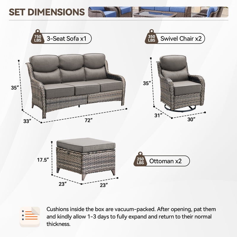 PARKWELL 5 Piece Outdoor Patio Furniture Set,All-Weather High Back Conversation Set with Luxury 6-Inch Thick Cushions,Swivel Glider Chair,7-Seat Furniture Sets for Garden, Deck, Backyard,Gray/Gray