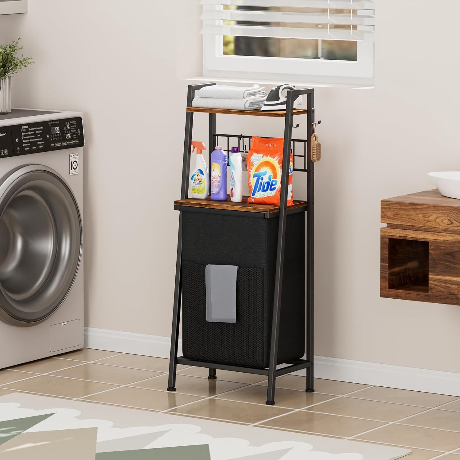 MX-Laundry Hamper, Vertical Laundry Basket with 2 Tiers Wooden Shelf and Hooks, Clothes Hamper with Pull-Out and Removable Bag for Bathroom, Bedroom, Dorm, 13.21 Gallons (50L)