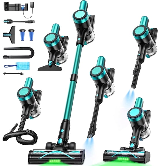 Cordless Vacuum Cleaner, 55Mins Stick Vacuum with Self-Standing & LED Display, Anti-Tangle & Wall Mount Charging, for Pet Hair/Carpets/Floor Mint Blue