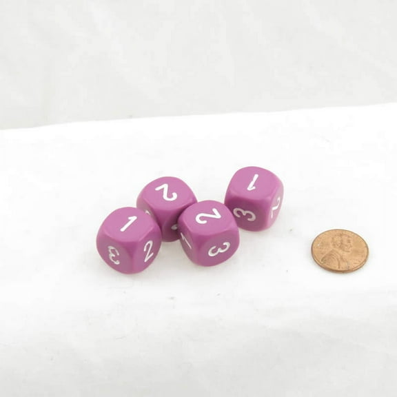 Light Purple Opaque Dice with White Numbers D3 (d6 1-3 Twice) 16mm (5/8in) Pack Of 4 Wondertrail