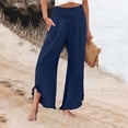 thumbnail image 2 of Domzle Womens Linen Pants Summer 2026 Wide Leg Pants Smocked Waist Ruffle Palazzo Pant Boho Flowy Beach Pant with Pockets Dark Blue M Sweatpants, 2 of 7